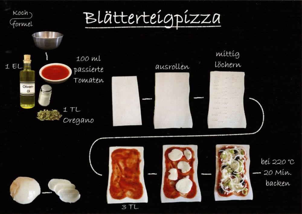 Rezept-Postkarte "Feierabend, vegetarisch: Blätterteigpizza"